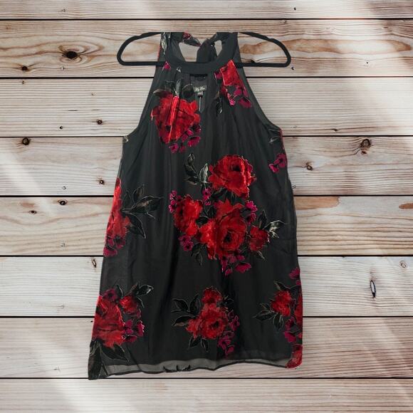 Lily Rose Junior Black Red Velvet  Floral Tie Back High Neck Mini Dress  Large - Picture 1 of 10